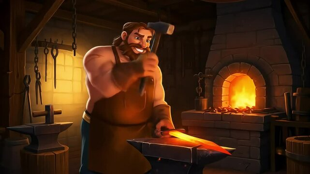 Blacksmith in a special workshop, bright orange fire cartoon animation