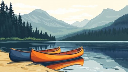 Two canoes on a lake shore amidst mountains