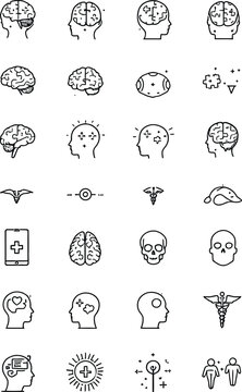 Brain and Mental Health Icon Set Vector Illustration Featuring Thirty Black Line Icons Arranged in a 6x5 Grid Including Human Heads with Brain, Isolated Brain Designs, Medical Crosses, Caduceus, Skull