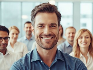 Confident business leader in blue shirt facilitating team discussion in modern meeting room with conference call