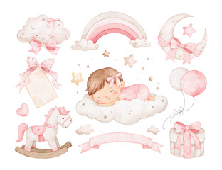 Watercolor Illustration Set of Baby Girl and Nursery Elements