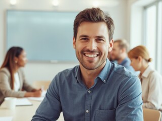 Confident business leader in blue shirt facilitating team discussion in modern meeting room with conference call