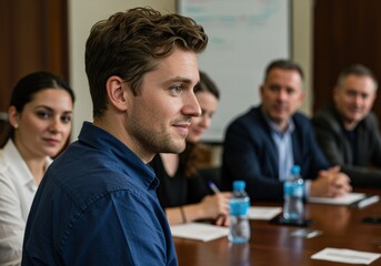Confident business leader in blue shirt facilitating team discussion in modern meeting room with conference call