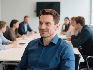 Confident business leader in blue shirt facilitating team discussion in modern meeting room with conference call