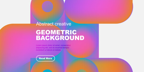 Vibrant abstract shapes overlap black background. Text promotes geometric design, includes call to action button. Modern, colorful composition.