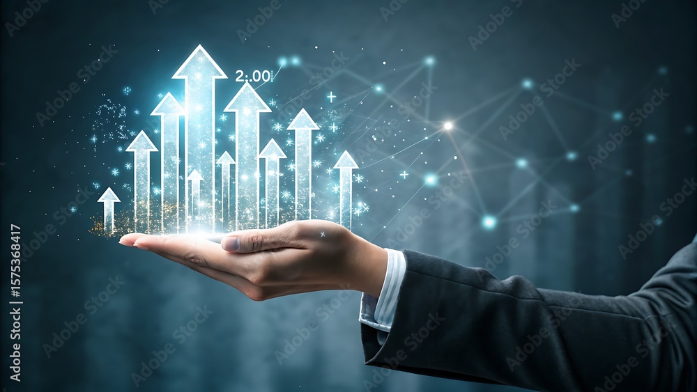 Poster hand holding glowing arrows pointing upwards showing business success and growth in a digital networ
