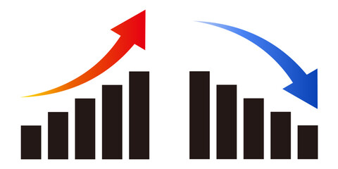上がる赤い矢印の成長チャートと 下がる青い矢印の下落チャートのセット　成長グラフ　下落グラフ