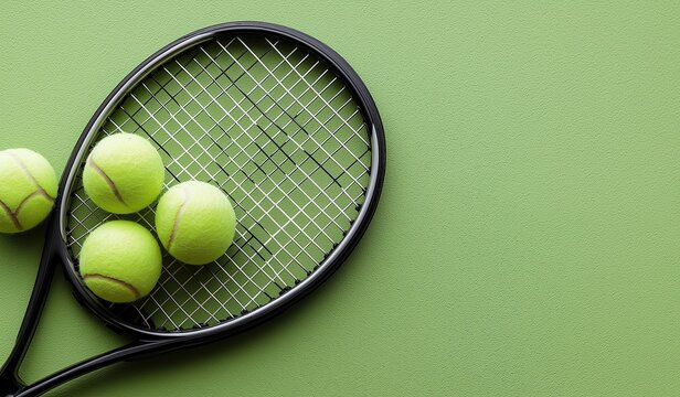 Tennis racket and bright yellow balls on a vibrant green background with copy space, ideal for sports event banners or educational templates promoting the game
