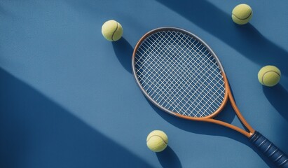 Tennis racket and bright yellow balls on a vibrant blue background, showcasing a dynamic sports concept with clean minimalist design