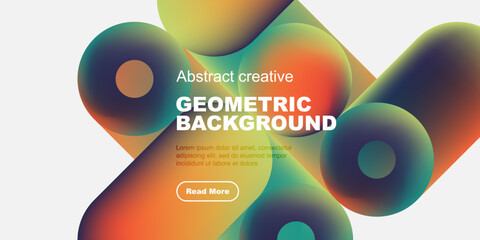 Vibrant abstract shapes overlap, creating colorful geometric background. Text promotes further exploration. Modern design elements present.