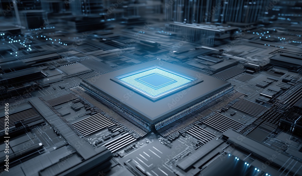 Poster futuristic microchip with vibrant blue glow on circuit board, showcasing advanced technology and dig