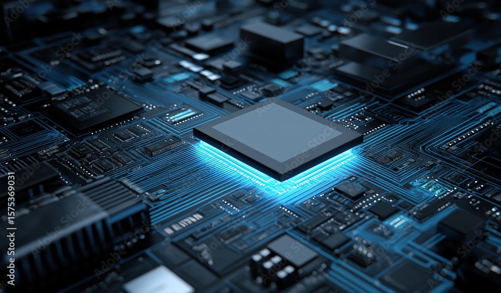Poster close-up of a futuristic microprocessor cpu emitting vibrant blue light on a circuit board, represen