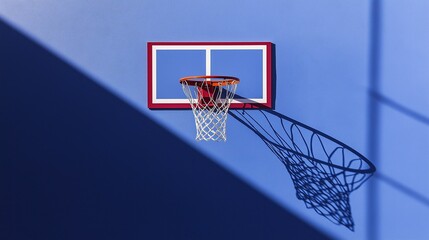 Dramatic sports photography of a red-backboard basketball hoop with white frame, casting long shadows on a blue wall, evoking competitive energy and dynamic play