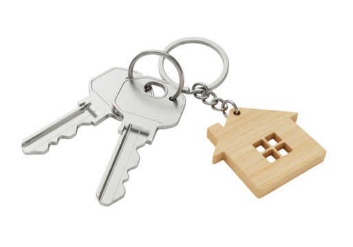 Two polished silver house keys and a wooden house keychain on a metal keyring, isolated on a transparent background with copy space, bright studio light creating a floating appearance Concept of