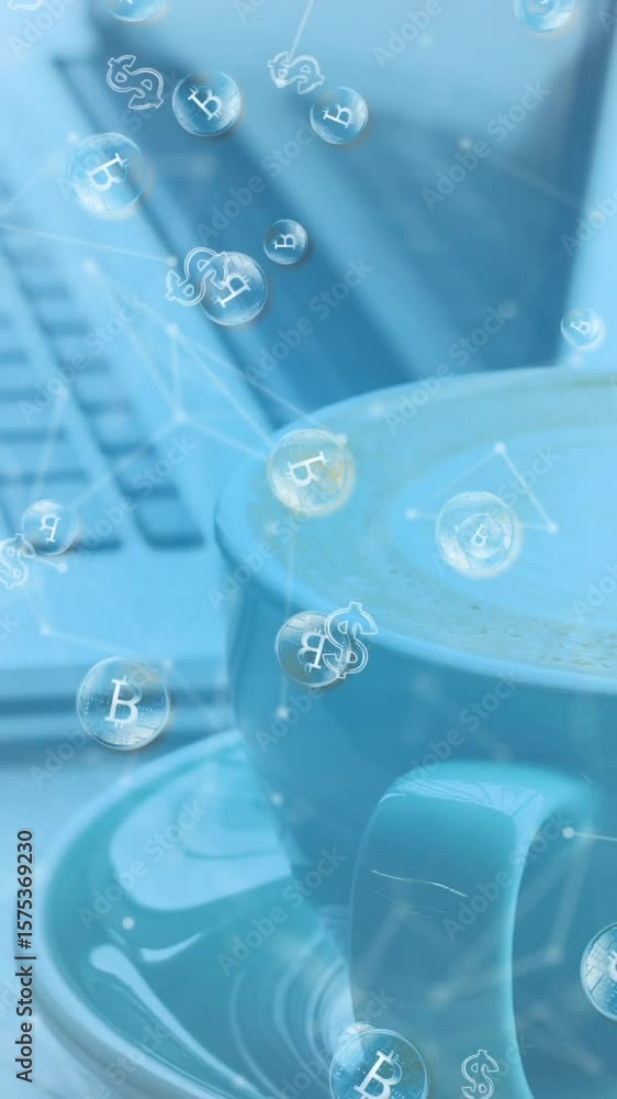 Poster animation of data processing and networks over woman using laptop