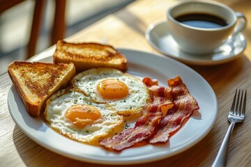Homemade American breakfast. Fried eggs with bacon and toast, a cup of coffee and a fork on a wooden table. Healthy breakfast. The concept of healthy eating. Morning sunlight