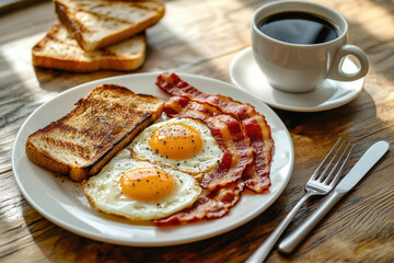 Homemade American breakfast. Fried eggs with bacon and toast, a cup of coffee, a knife and fork on a wooden table. Healthy breakfast. The concept of healthy eating. Morning Sunlight