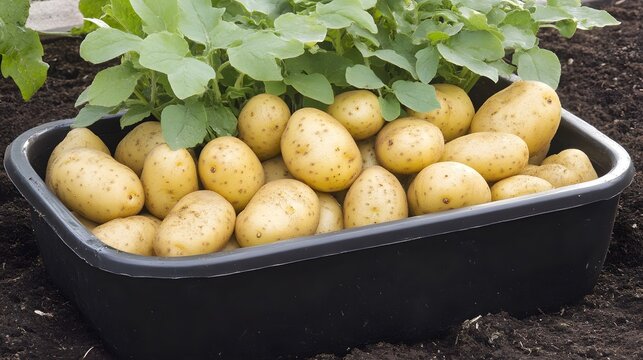 Freshly Harvested Potatoes in a Black Container, Garden Produce, Organic Farming