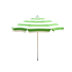 A green and white striped beach umbrella isolated on transparent background provides summer shade