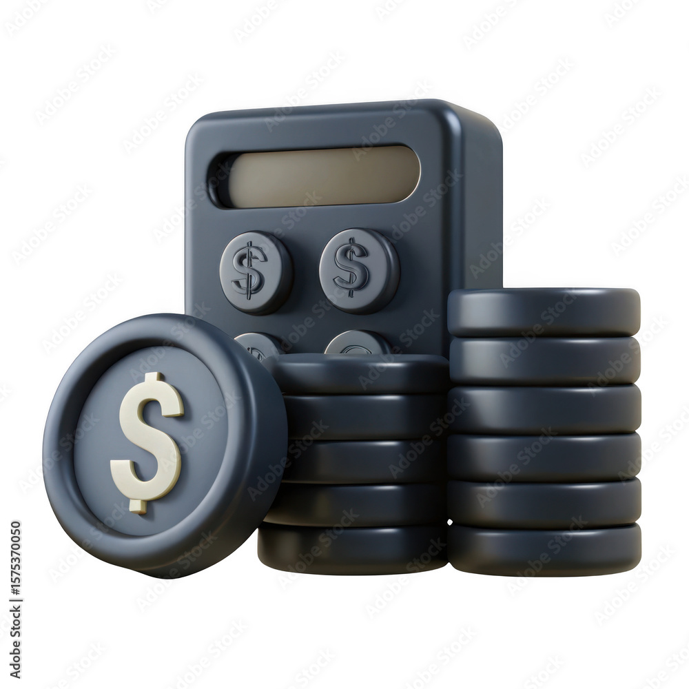Poster 3d realistic dark calculator with coin stacks isolated on transparent background