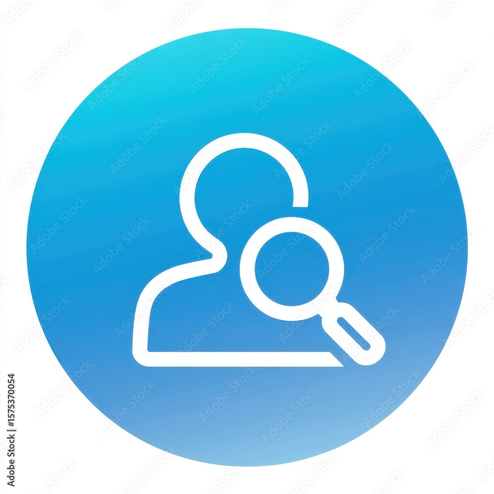 Poster circular gradient light to dark blue icon with white-outlined person silhouette and adjacent magnify