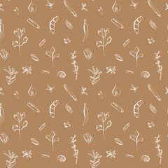 Seamless spice pattern with white hand drawn herbs and seeds on mustard yellow background for textile and packaging