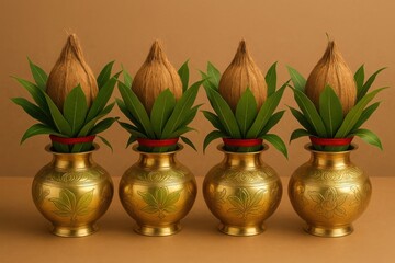 Four traditional Kalash pots with coconuts and mango leaves arranged in a row on brown background. Concept of Hindu rituals, Indian tradition, and religious offerings