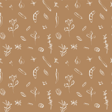 Seamless spice pattern with white hand drawn herbs and seeds on mustard yellow background for textile and packaging