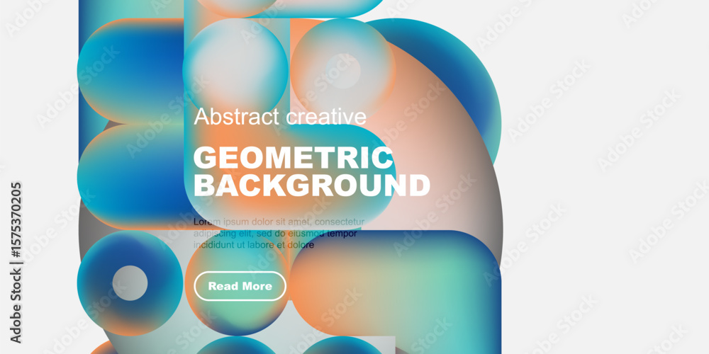 Poster vibrant geometric shapes overlap, creating dynamic abstract background. text promotes further explor
