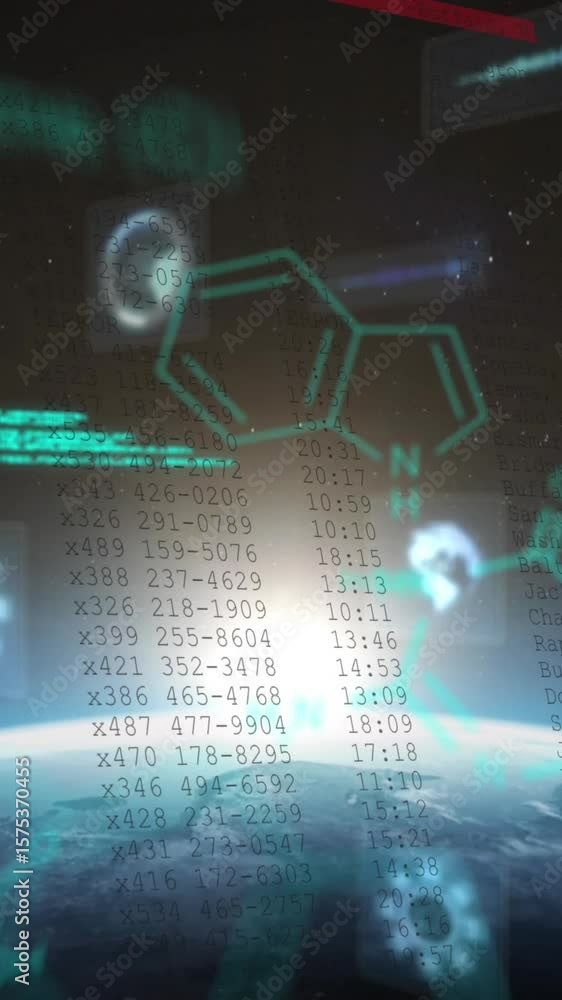 Poster animation of chemical structures and data processing against globe and light spot