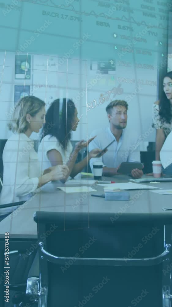 Poster animation of statistical data processing against team of diverse colleagues discussing at office