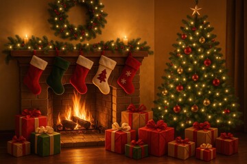 Christmas living room interior with decorated tree, stockings on fireplace, candles, gifts, and wreath. Concept of festive atmosphere, winter holidays, and celebration