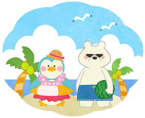 海で遊ぶ夏のシロクマとペンギンのアイコンイラスト