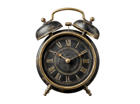 Antique black alarm clock with roman numerals gold accents, On Transparent Background, Png