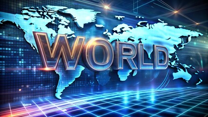 World News glowing text on futuristic digital world map background used for breaking news alert streaming media template television broadcast journalism design with global communication and high-tech