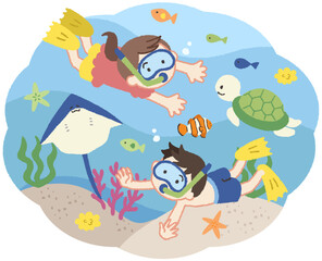 海で泳ぐ子供たちと魚のアイコンイラスト