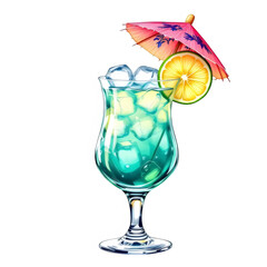Tropical cocktail with ice cubes and umbrella isolated on transparent background