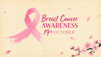 Ink style ribbons and cherry blossoms represent the cultural care of breast cancer prevention day, and are used for cultural public welfare activities and traditional health promotion scenes.