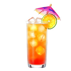Tropical cocktail with ice cubes and lemon slice isolated on transparent background