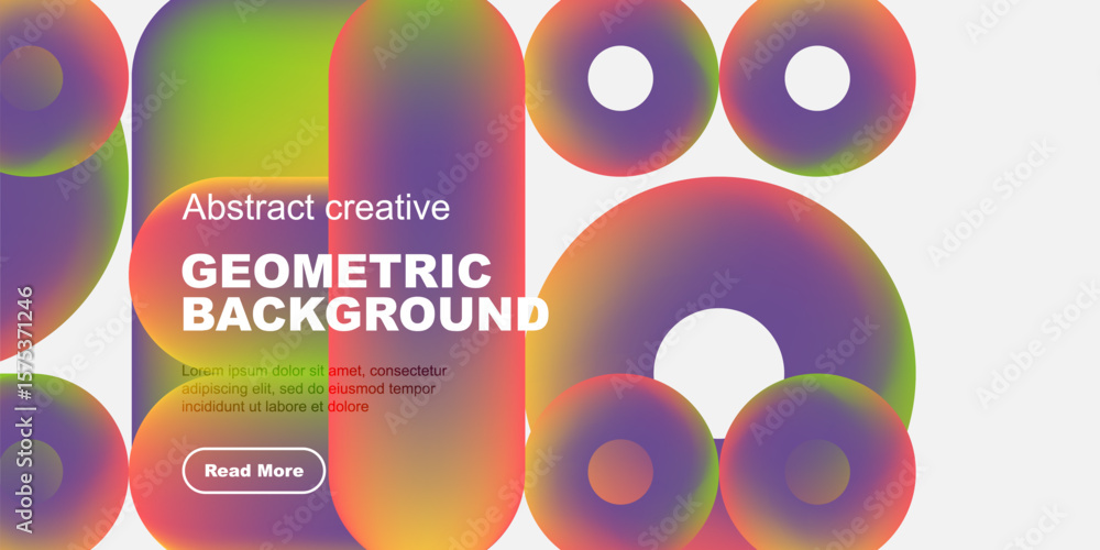 Poster vibrant circles overlap black backdrop. text promotes geometric background design, includes read mor