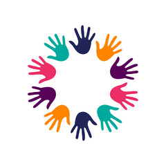 Ten colorful handprints form a perfect circle—each print in a unique hue, symbolizing unity, diversity, and creative collaboration in a vibrant composition.