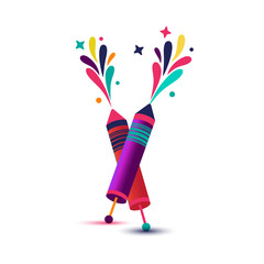 Two crossed rockets in vibrant purple, red, and blue explode with colorful splashes and starbursts—evoking festive joy, celebration, and visual excitement.