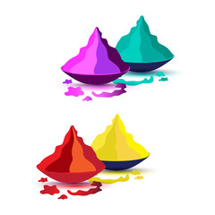 Four ceramic bowls filled with Holi powders—purple, teal, red, and yellow—arranged in pairs with scattered pigments, symbolizing joy, tradition, and artistry.