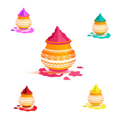 Five decorative pots overflow with vibrant powders in purple, pink, green, red, and yellow—capturing the energy and artistry of India’s Holi celebration.