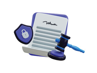 Legal & safety icon 3d render concept of a court document with gavel and protect shield icon legal security icon vector illustration