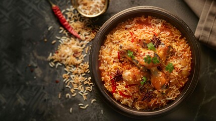 A bowl brimming with aromatic biryani generously adorned with tender chicken pieces