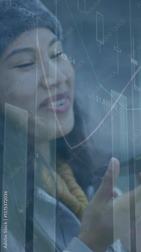 Poster animation of multiple graphs with numbers over smiling asian woman talking on cellphone