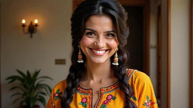 A Sikh woman in a traditional Punjabi suit with a vibrant paranda smiles at the camera in this captivating 4k footage.