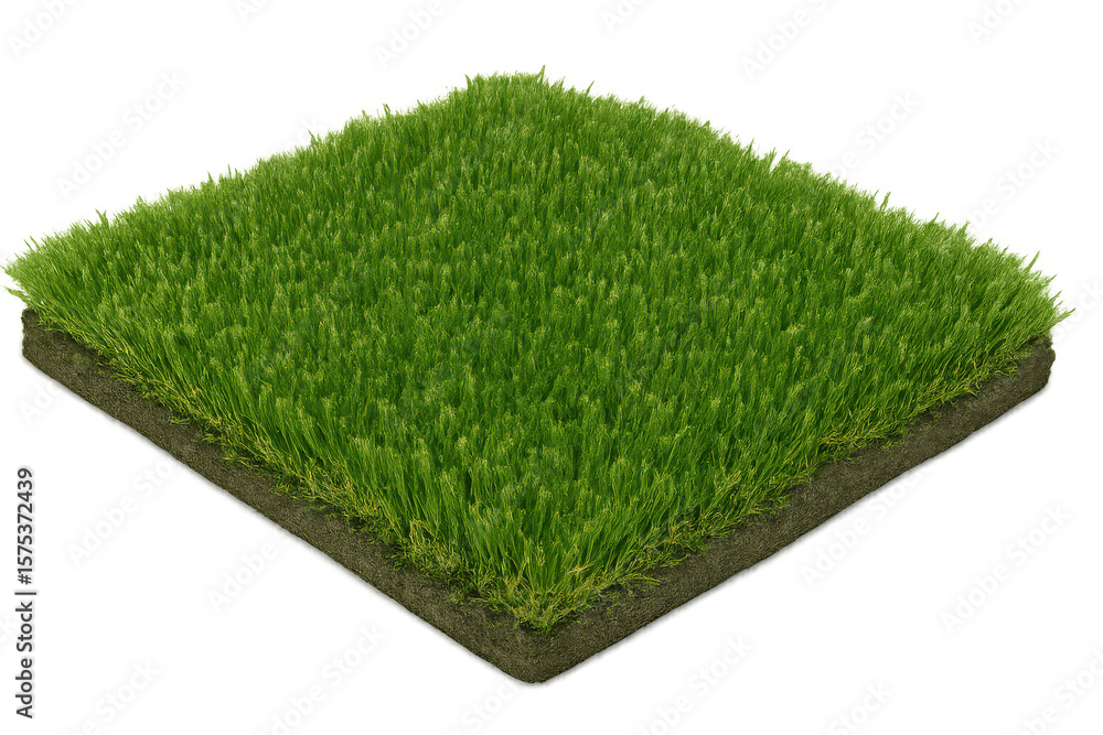 Poster patch of dense green grass growing on soil section with transparent background, ideal for architectu
