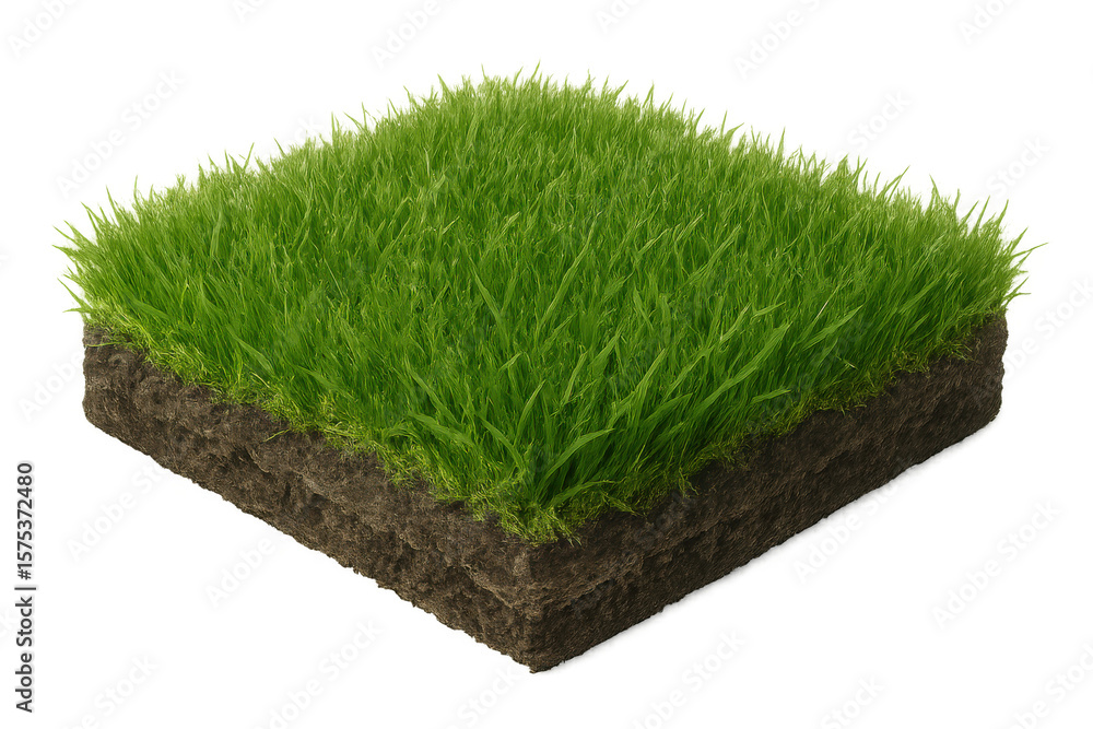 Poster patch of soil and vibrant green grass isolated on transparent background, ideal for architectural vi